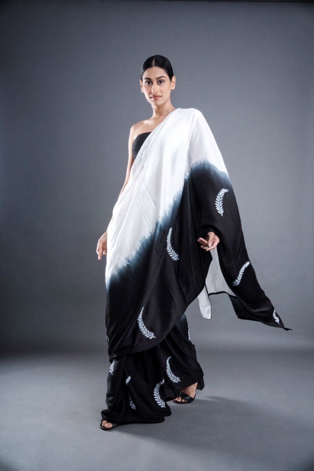 ATBW - Leaf Print Satin Ombre Saree