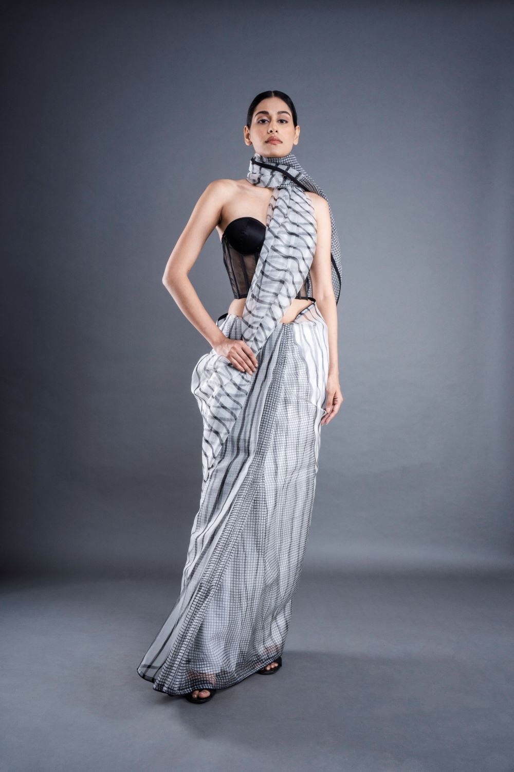 ATBW - White Geometric Pattern Saree